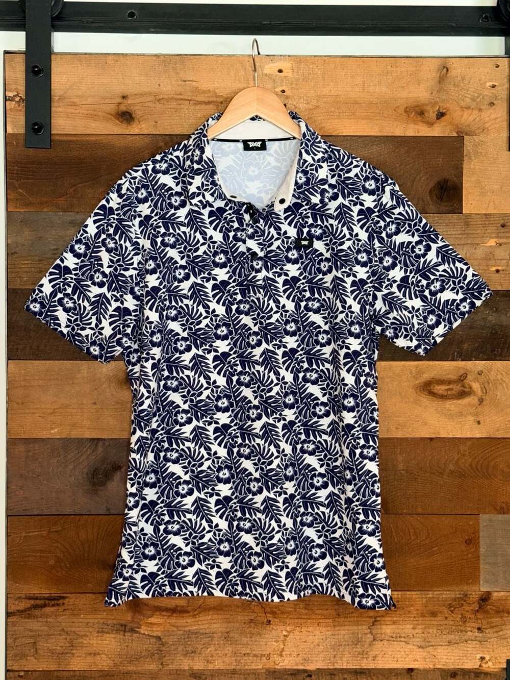 PXG Athletic Fit Short Sleeve Aloha 25 Polo Navy White Floral L